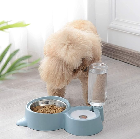 CREDLY 2 in 1 Bowl Water and Food Cat Feeder with Detachable Stainless Steel Bowl and Automatic Water Dispenser Bottle for Small Pets (Set of 1)