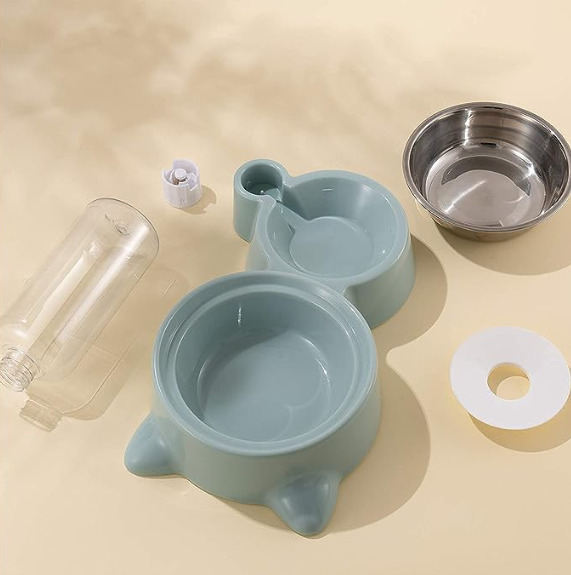 CREDLY 2 in 1 Bowl Water and Food Cat Feeder with Detachable Stainless Steel Bowl and Automatic Water Dispenser Bottle for Small Pets (Set of 1)