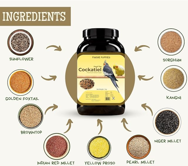 Foodie Puppies Bird Food for Cockatiels - 1Kg | Natural and Healthy Premium Mix Seeds, Kangni, Sunflower, Yellow Proso, Browntop, Oats, Pearls | Daily Birds Food Seeds for All Life Stages