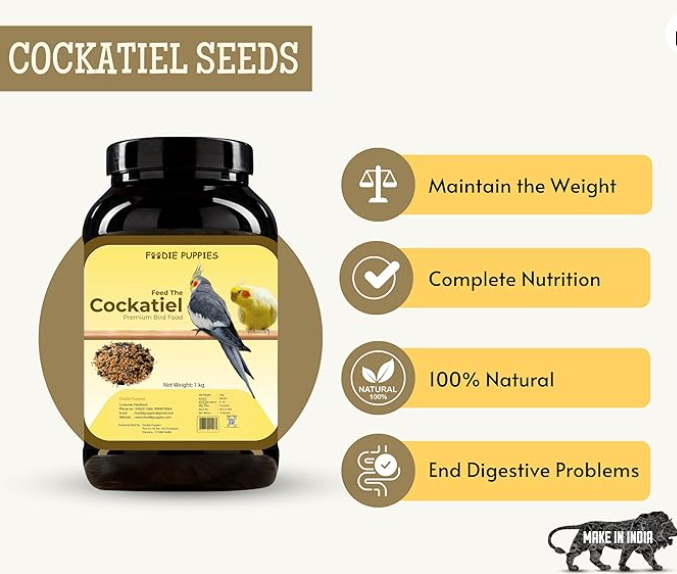 Foodie Puppies Bird Food for Cockatiels - 1Kg | Natural and Healthy Premium Mix Seeds, Kangni, Sunflower, Yellow Proso, Browntop, Oats, Pearls | Daily Birds Food Seeds for All Life Stages