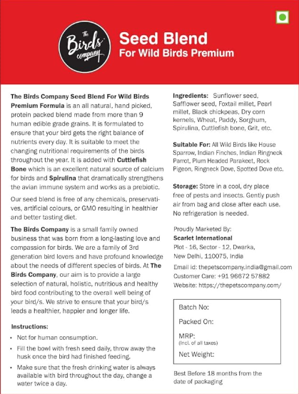 The Birds Company Premium Seed Blend of 9 Grains & Nuts, Bird Feeder Food Refill, Mix Seeds for Outside Wild Birds, Indian Parrot, Sparrow, Doves, 450 g
