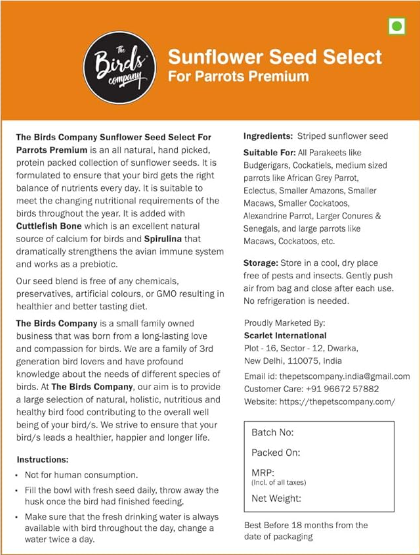 The Birds Company Striped Sunflower Seed with Spirulina, Bird Food for Conures, Lovebirds, Cockatiels, African Grey, Macaws, Cockatoo, Parakeets & Parrots, 450 G