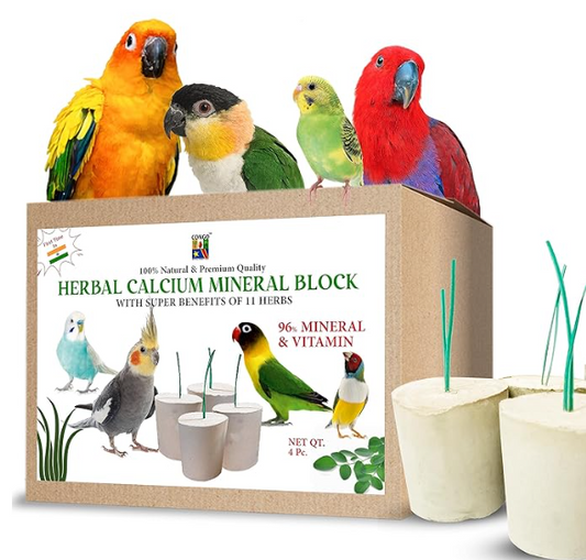 Herbal Mineral Calcium Block with Super Benefits for Finches, Budgies, Conures, Lovebirds, Cockatiels, African Grey, Macaws, Cockatoo, Eclectus and Other Birds Pack of 04 (1 Box)