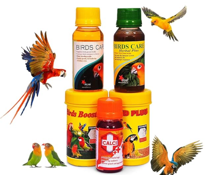 Bird Care 5 in 1 Combo for All Your Pet Birds (Birds Care, 60ML + Birds Care Herbal Plus, 60ML + Calci Plus, 30ML + Bird Booster, 50G + Breed Plus, 50G)