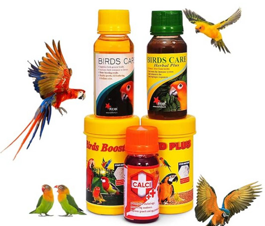 Bird Care 5 in 1 Combo for All Your Pet Birds (Birds Care, 60ML + Birds Care Herbal Plus, 60ML + Calci Plus, 30ML + Bird Booster, 50G + Breed Plus, 50G)