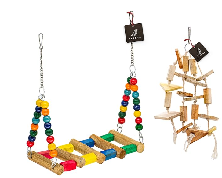 PETZOO Combo#2 of 2 Playful Bird Toys Which Includes Bird Swing, Perches, Rope Toy, Bird Toy for Birds, Pet Toy, Parrot, Cage Accessories & Wooden Training Aid for Bird & Parrots (Best in Budget)