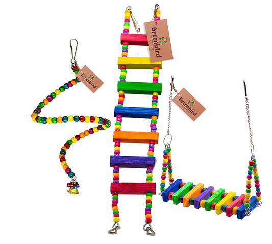 GREENBIRDS Combo of 3 Bird Toys Spiral Hanging, Wooden Swing & Ladder for Bird & Parrot