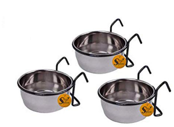 Sage Square Rustproof Stainless Steel Cage Food, Seed, Water Feeder Cum Bowl with Holder clamp for Birds (225ml) (Set of 3)
