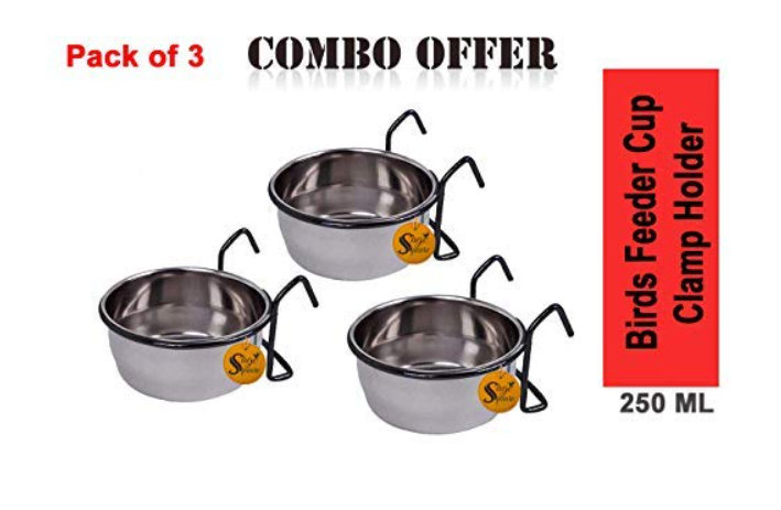 Sage Square Rustproof Stainless Steel Cage Food, Seed, Water Feeder Cum Bowl with Holder clamp for Birds (225ml) (Set of 3)