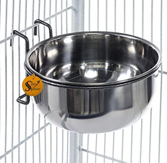 Sage Square Rustproof Stainless Steel Cage Food, Seed, Water Feeder Cum Bowl with Holder clamp for Birds (225ml) (Set of 3)