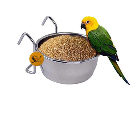 Sage Square Rustproof Stainless Steel Cage Food, Seed, Water Feeder Cum Bowl with Holder clamp for Birds (225ml) (Set of 3)
