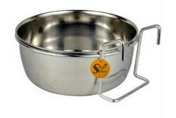 Sage Square Rustproof Stainless Steel Cage Food, Seed, Water Feeder Cum Bowl with Holder clamp for Birds (225ml) (Set of 3)