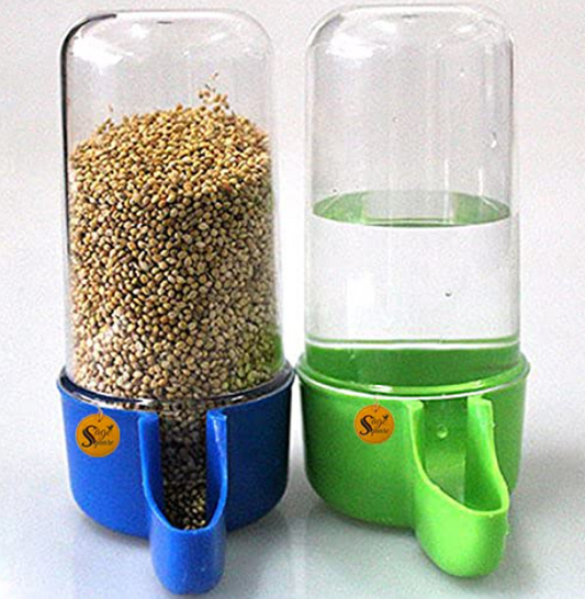 Sage Square 80ml Tube Shape Cage Bird Food, Seed, Water Feeder Plastic Dispenser Cum Bowl with Removable Tray - No Spill No Mess (Multi Color) (Pack of 2) (Size - 13.5 x 3 cm) (Small Size)