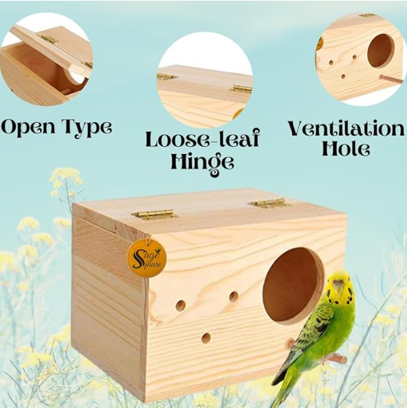 Sage Square Cockatiel Bird Breeding Box - Premium Habitat for Breeding & Comfortable Nesting, Exquisite Metal Edges Box - Moisture-Proof, Durable Nest for Lovebirds, Budgies & Small Birds (6 inch)