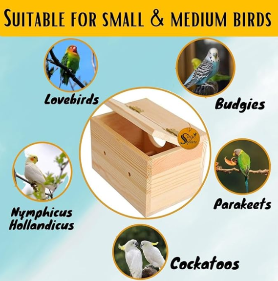 Sage Square Cockatiel Bird Breeding Box - Premium Habitat for Breeding & Comfortable Nesting, Exquisite Metal Edges Box - Moisture-Proof, Durable Nest for Lovebirds, Budgies & Small Birds (6 inch)