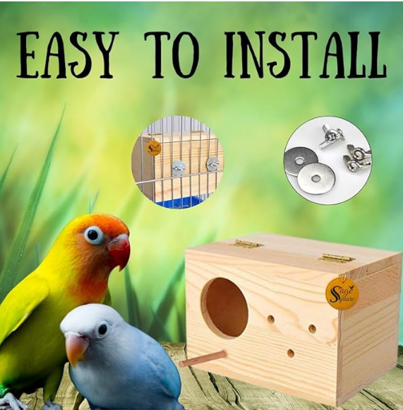 Sage Square Cockatiel Bird Breeding Box - Premium Habitat for Breeding & Comfortable Nesting, Exquisite Metal Edges Box - Moisture-Proof, Durable Nest for Lovebirds, Budgies & Small Birds (6 inch)
