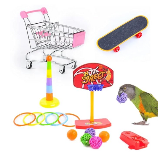 7PCS Bird Toys Set Bird Training Toys and Accessories Including Shopping Cart Basketball Stacking Skateboard Training Toy (Random Color) (Set One)