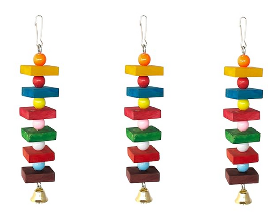 KSK 3PCS Natural Wood Parrot Cubes Blocks Chewing Toys Parrot Knots Block Chew Toy Bells Bird Wood Hanging Toys Medium Large Birds Conures Cockatiels African Grey Cage Accessories (KSKWC056, 3Nos)