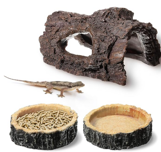 3 Pack Reptile Habitat Ornament, Reptile Food Bowls, Reptile Hide, Reptile Tank Accessories Reptile Water Dish Aquarium Fish Tank Hideouts for Lizards, Snake, Gecko, Turtle, Bearded Dragons