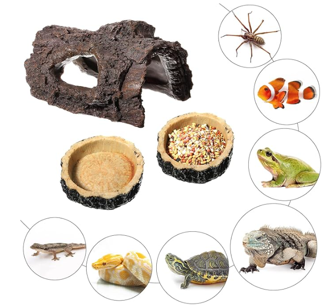 3 Pack Reptile Habitat Ornament, Reptile Food Bowls, Reptile Hide, Reptile Tank Accessories Reptile Water Dish Aquarium Fish Tank Hideouts for Lizards, Snake, Gecko, Turtle, Bearded Dragons