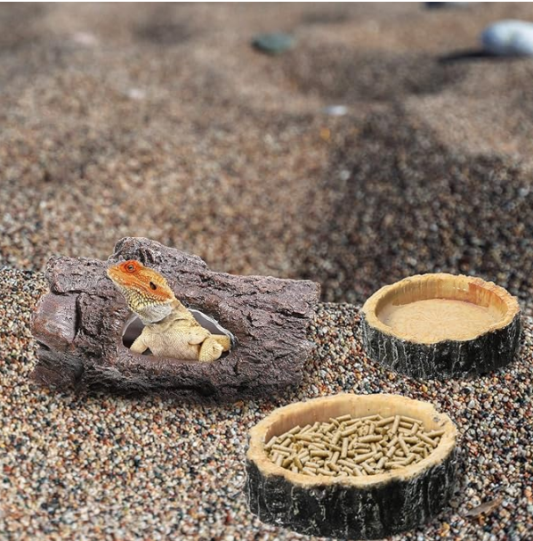 3 Pack Reptile Habitat Ornament, Reptile Food Bowls, Reptile Hide, Reptile Tank Accessories Reptile Water Dish Aquarium Fish Tank Hideouts for Lizards, Snake, Gecko, Turtle, Bearded Dragons