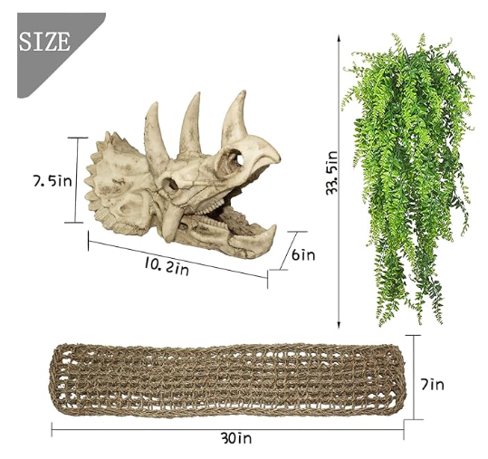 Tfwadmx Dinosaur Triceratops Skull Bearded Dragon Tank Accessories Reptiles Seagrass Habitat Hammock Hideout Cave for Lizard Chameleon Snake Spider Frog Gecko