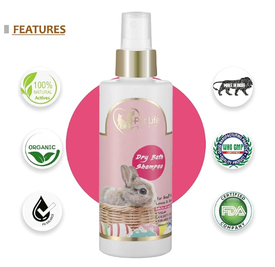 Organic Dry Bath Shampoo for Small Pets, Rabbits & Kitten| Dry/Waterless/Spray Rabbits & Small Pet Shampoo | Made with Natural Ingredients for A Cleaner, Smoother & Shinier Coat – 200 Ml