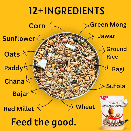 Pets Pro Pigeon, Dove & Hen Food (1KG) | Specially Food Mix with Multigrain & Seeds. Ingredients with 11+ Delicious Grains & Nuts for Hen & Doves.