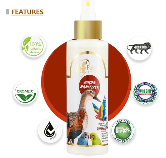 Organic & Ayurvedic Birds Sanitizer Dry/Waterless/Spray for Poultry birds/Parrots/Hen/Pigeon, duck - Natural ingredients Tulsi, AloeVera, Alcohol(Ethanol)- All Bird Types - 200 Ml - Pack Of 2